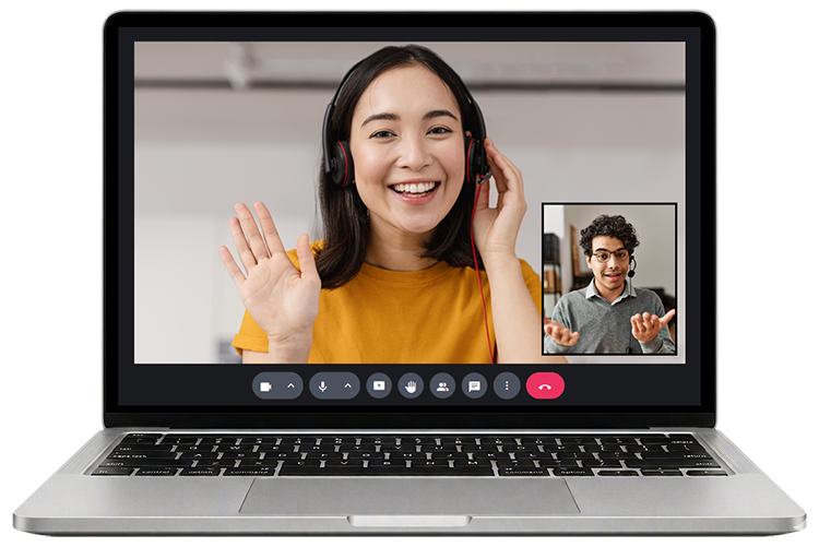 A laptop showing a live video class, with two people on screen smiling and waving.